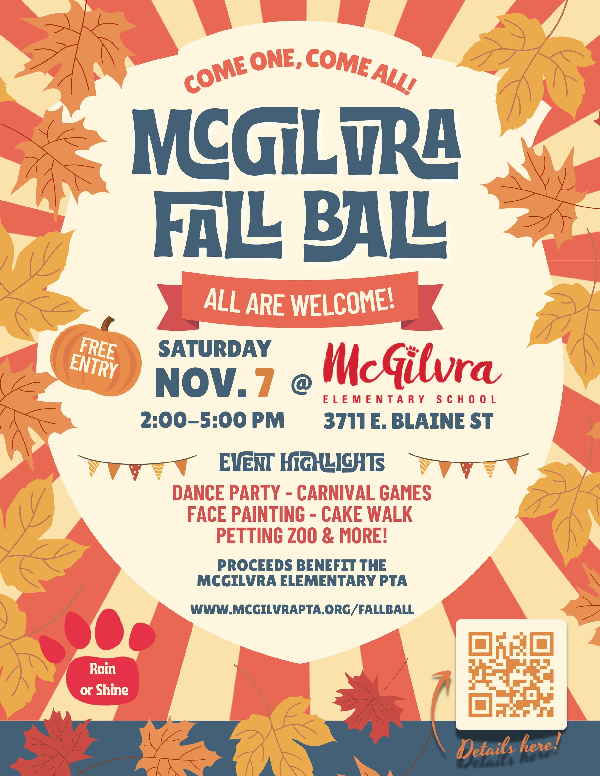 fall color poster with stripes and leaves promoting McGilvra Elementary Fall Ball event