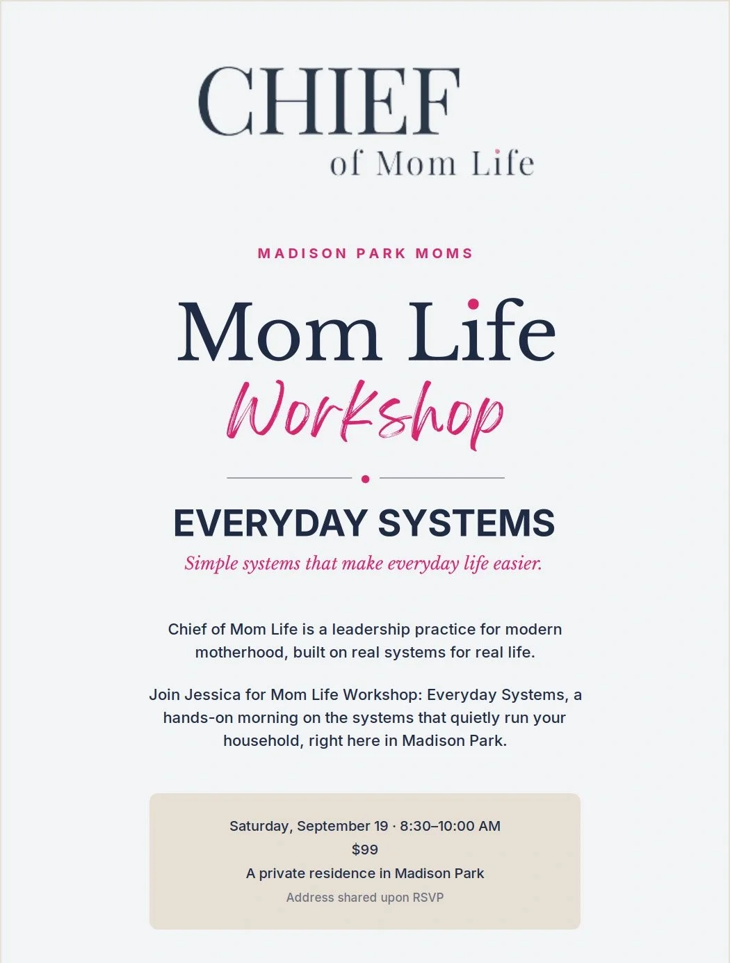 Chief of mom life workshop on september 19th in madison park