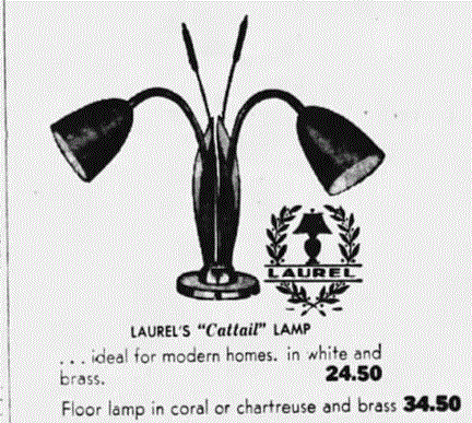  A 1953 advertisement for Laurel’s “Cattail” Lamp which was offered in several finishes and also came in a floor lamp model   (Photo: Fort Worth Star Telegram, 1953) 