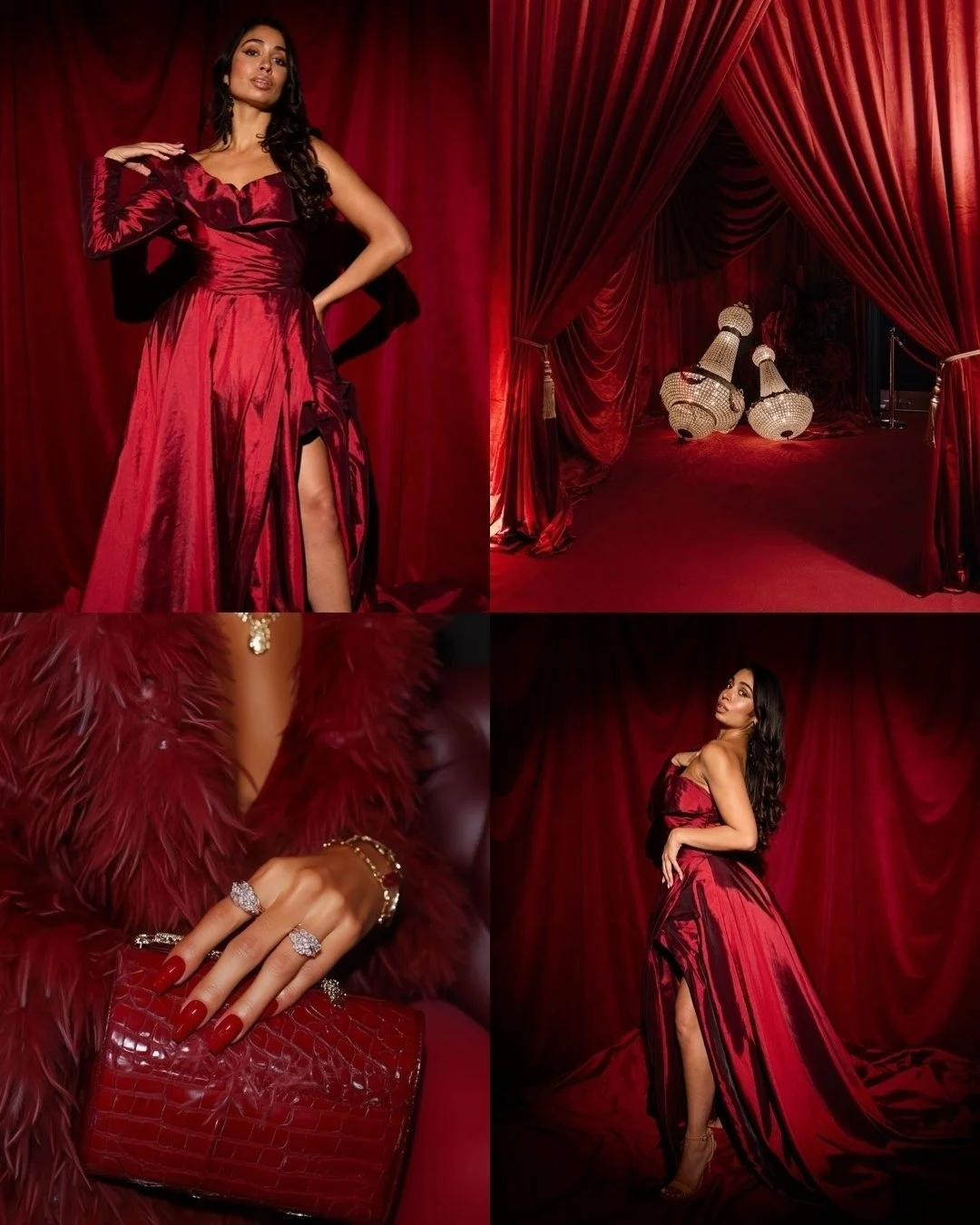 A gown that marries structure and seduction, crafted in lustrous wine-red taffeta that catches the light with every movement.

'Ruby's' one-shoulder neckline sculpts the form, while a sweeping ball-gown silhouette and daring side slit create a perfec
