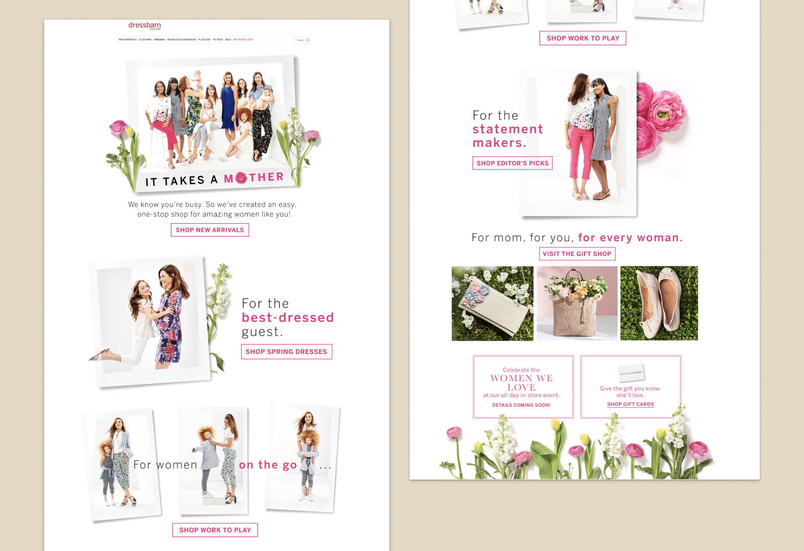 A landing page design showcasing mothers and daughters to promote a Mother's Day collection and campaign