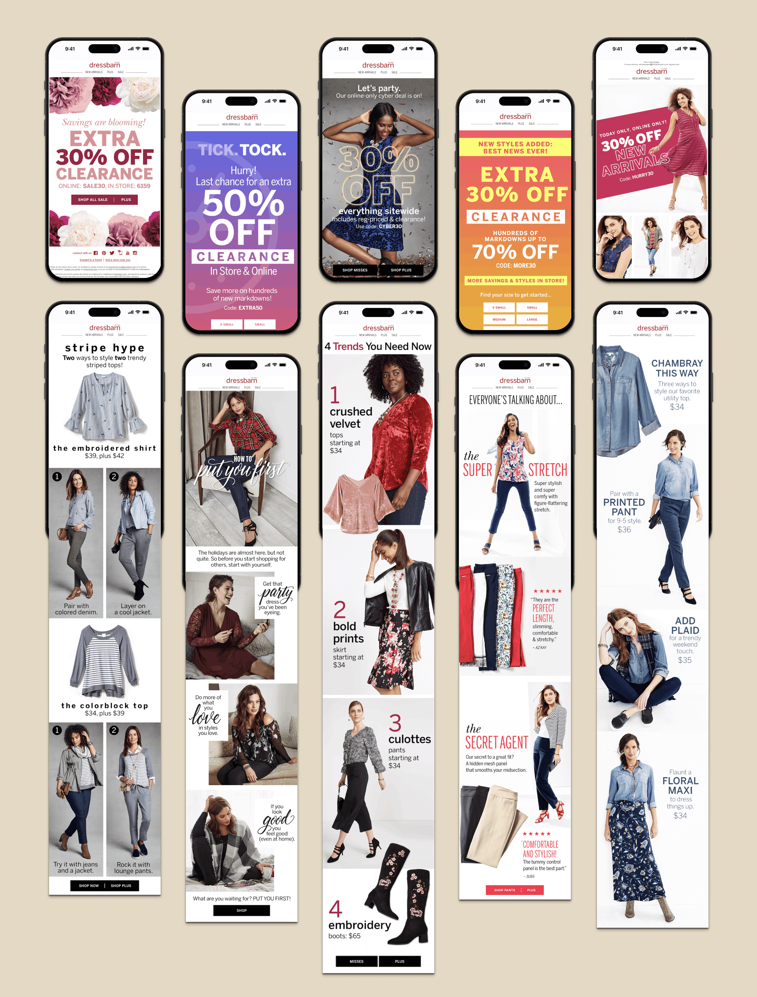 A collection of promotional and editorial email designs.