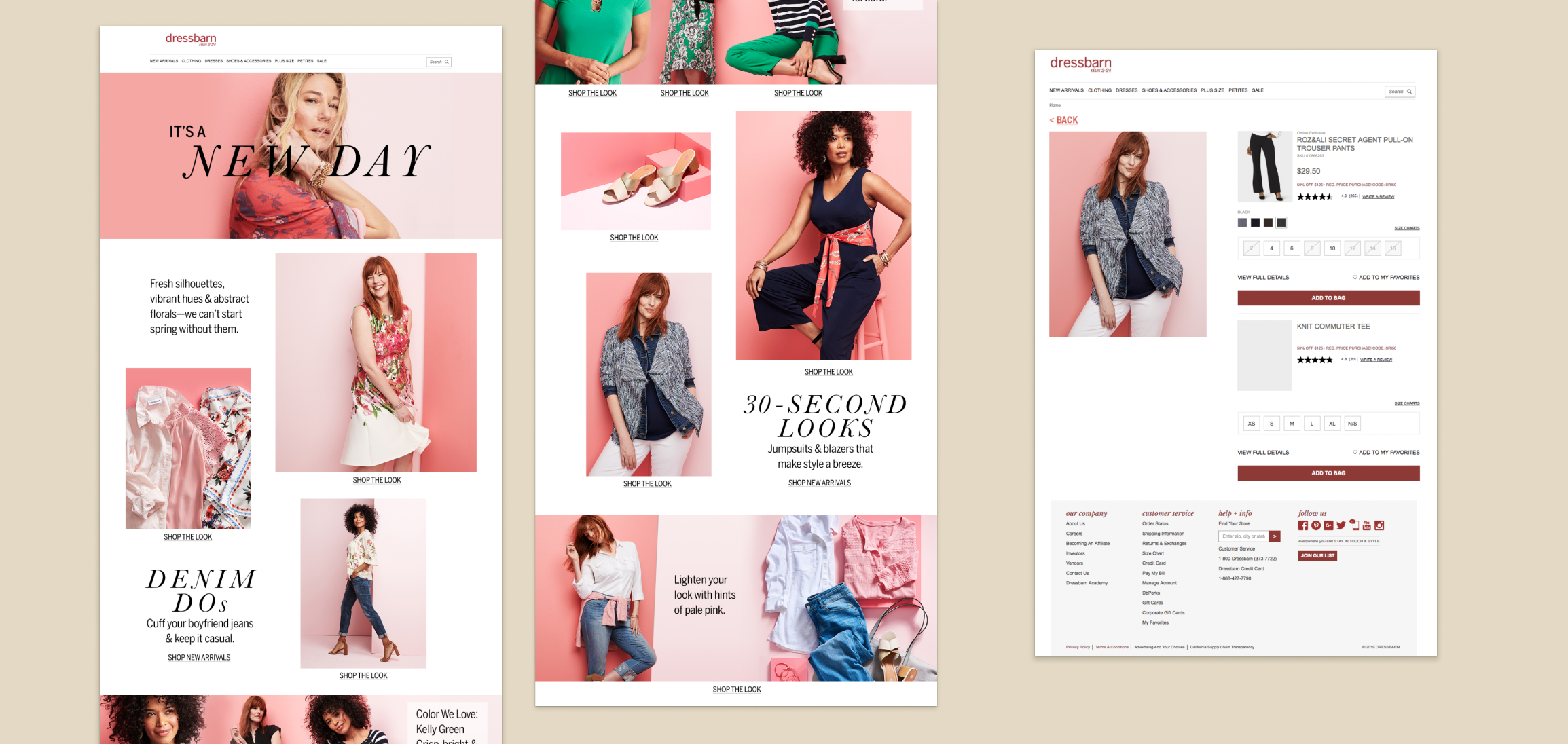 Landing page designs for a 'Get the Look' shopping experience