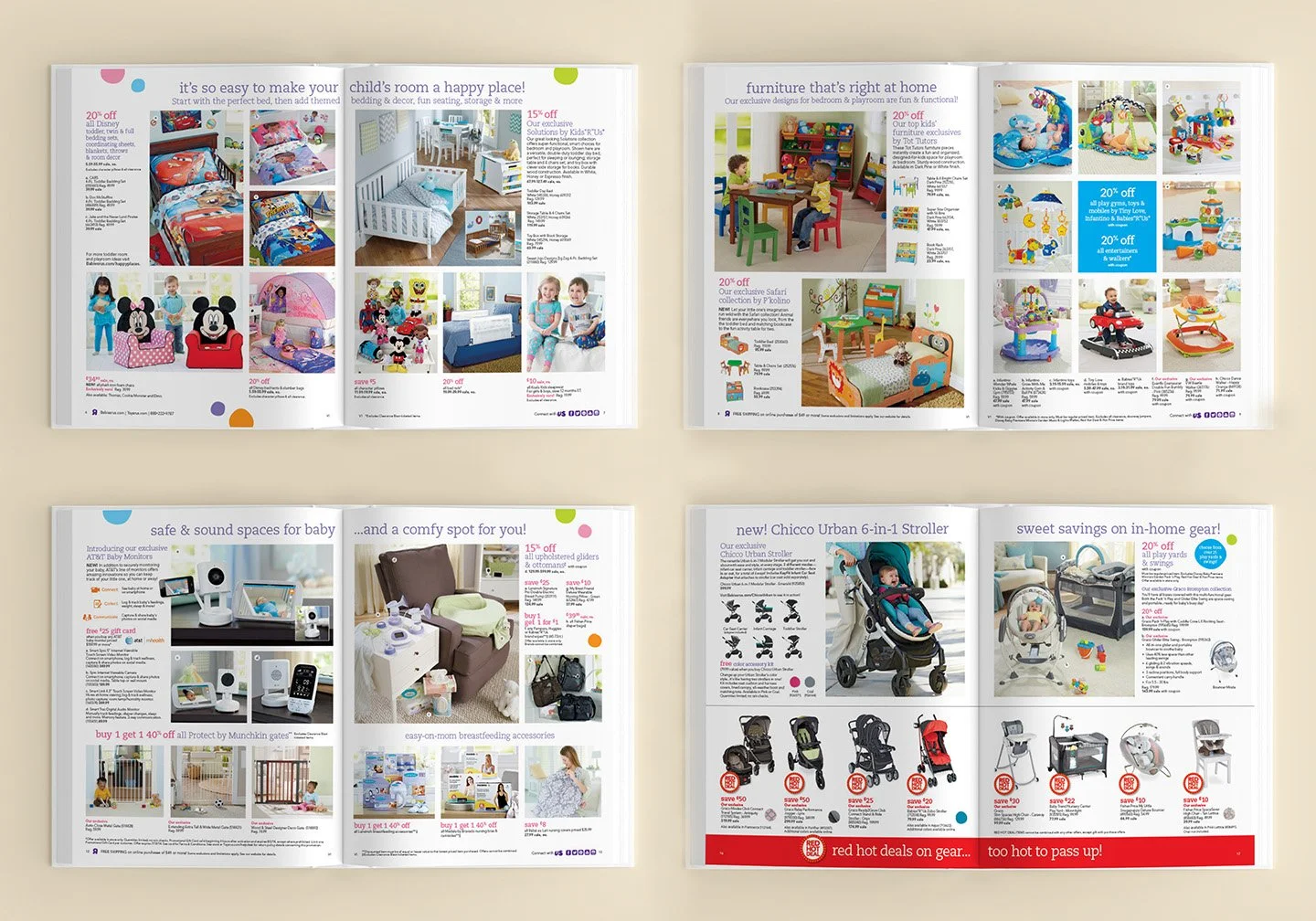 Four book images displaying the inside pages of a Babies"R"Us catalog