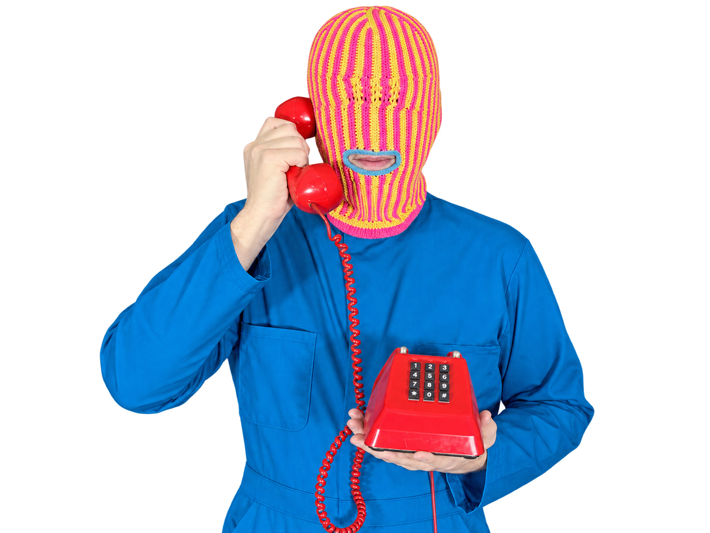 Brother Mouth figure wearing a colorful Mouth-Clava and blue outfit while holding a red telephone.