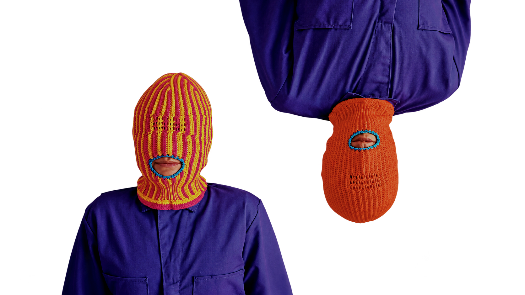 Two Brother Mouth figures wearing colorful Mouth-Clavas and blue outfits, with one figure upside down.