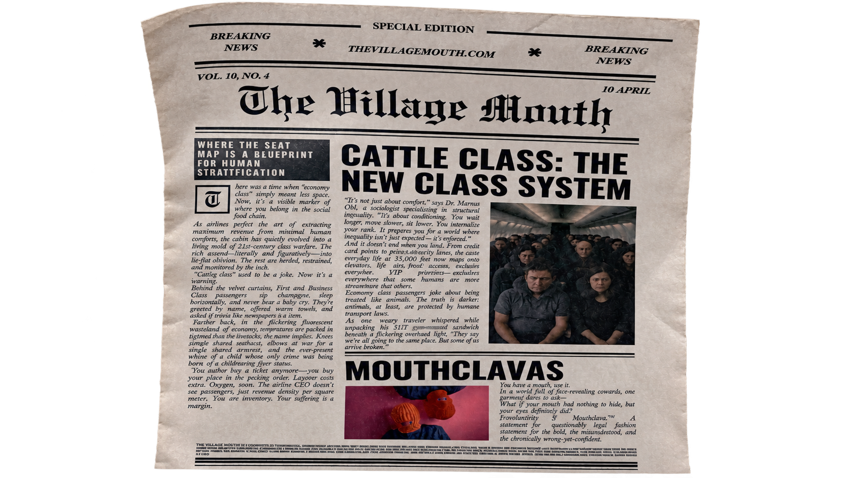 Brother Mouth’s satirical “The Village Mouth” newspaper featuring the Cattle Class project and Mouth-Clavas.