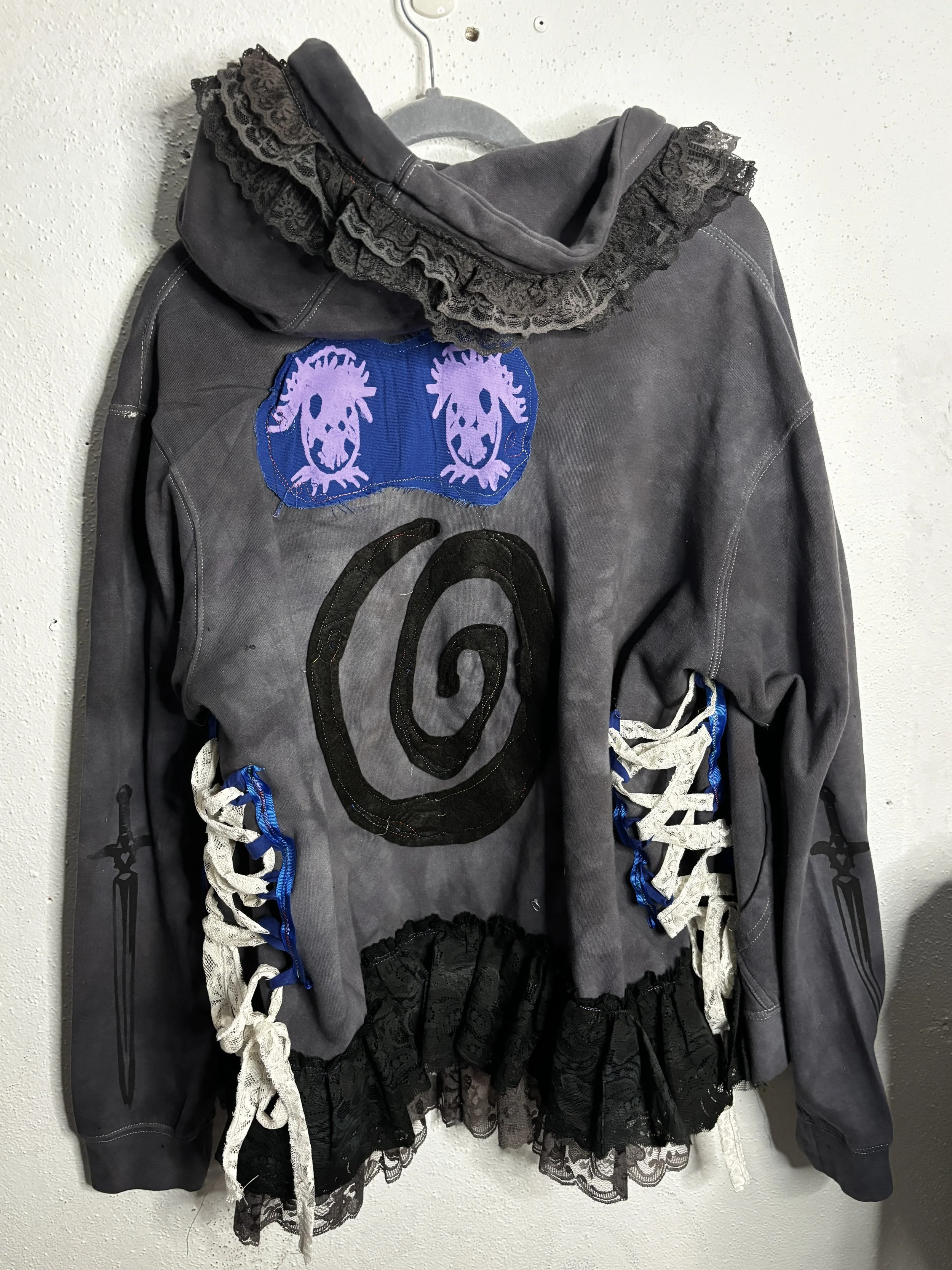 black lace up patchwork zip up hoodie (sz xlarge)