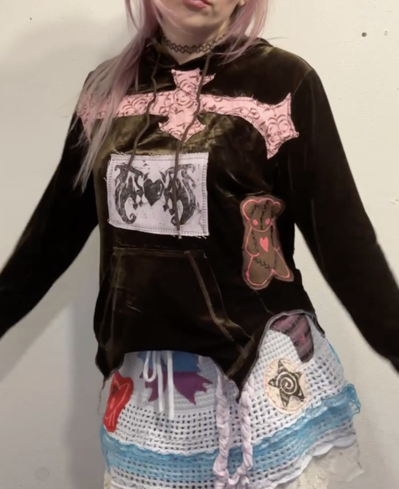 brown velour patchwork hoodie (sz large)