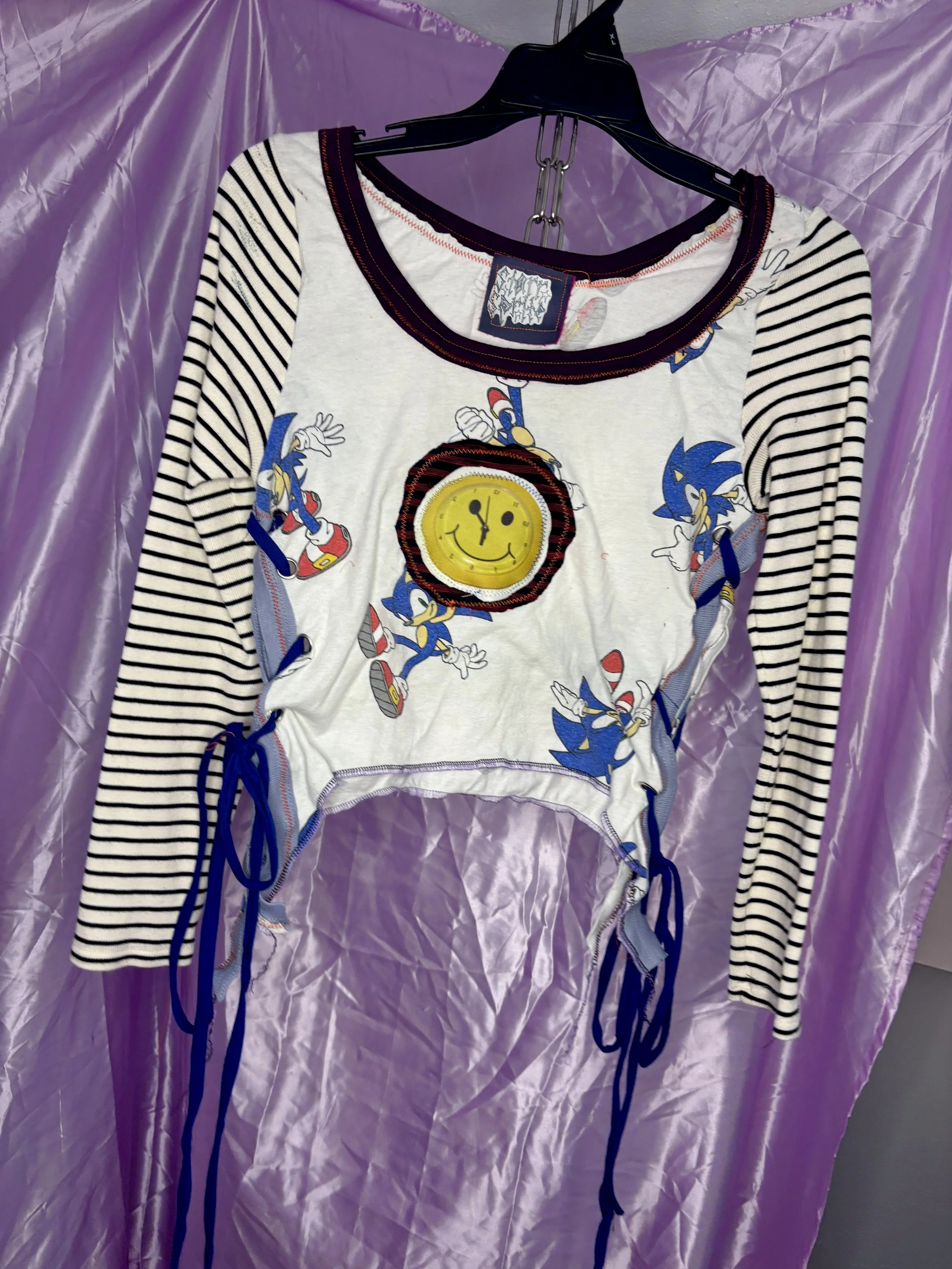 ♡sonic time♡ blue patchwork crop long sleeve (sz small)