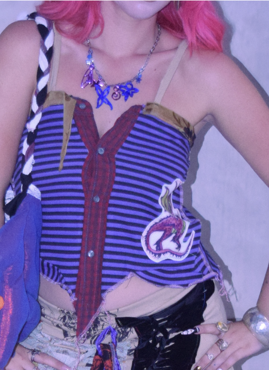 purple stripe dragon patchwork crop tank top (sz medium)