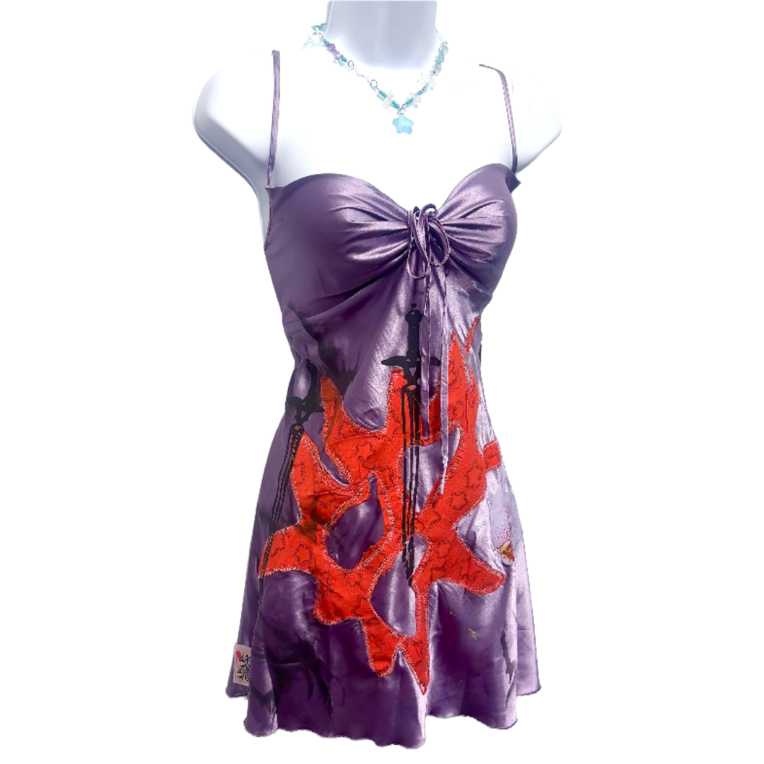 purple satin fantasy patchwork mini dress (sz large)