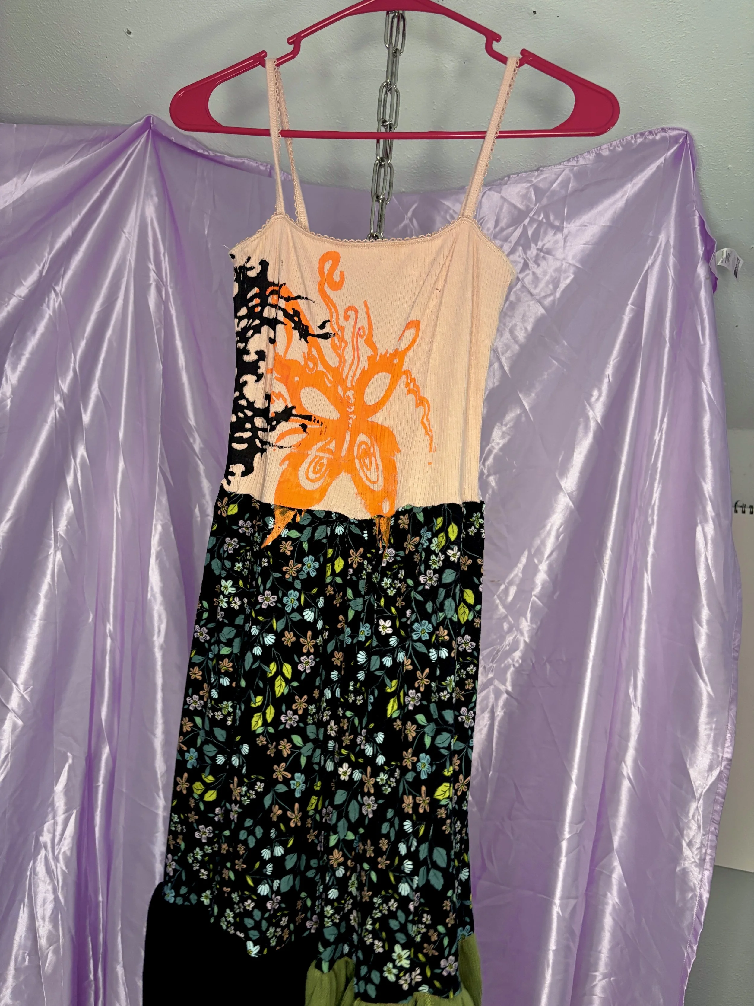 peach/black floral babydoll patchwork mini dress (sz small)