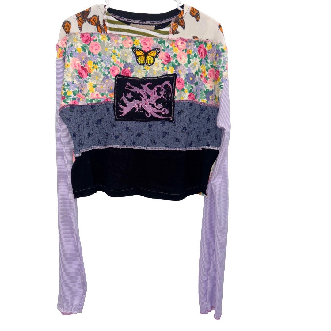pink patchwork garden vintage long sleeve (sz medium)