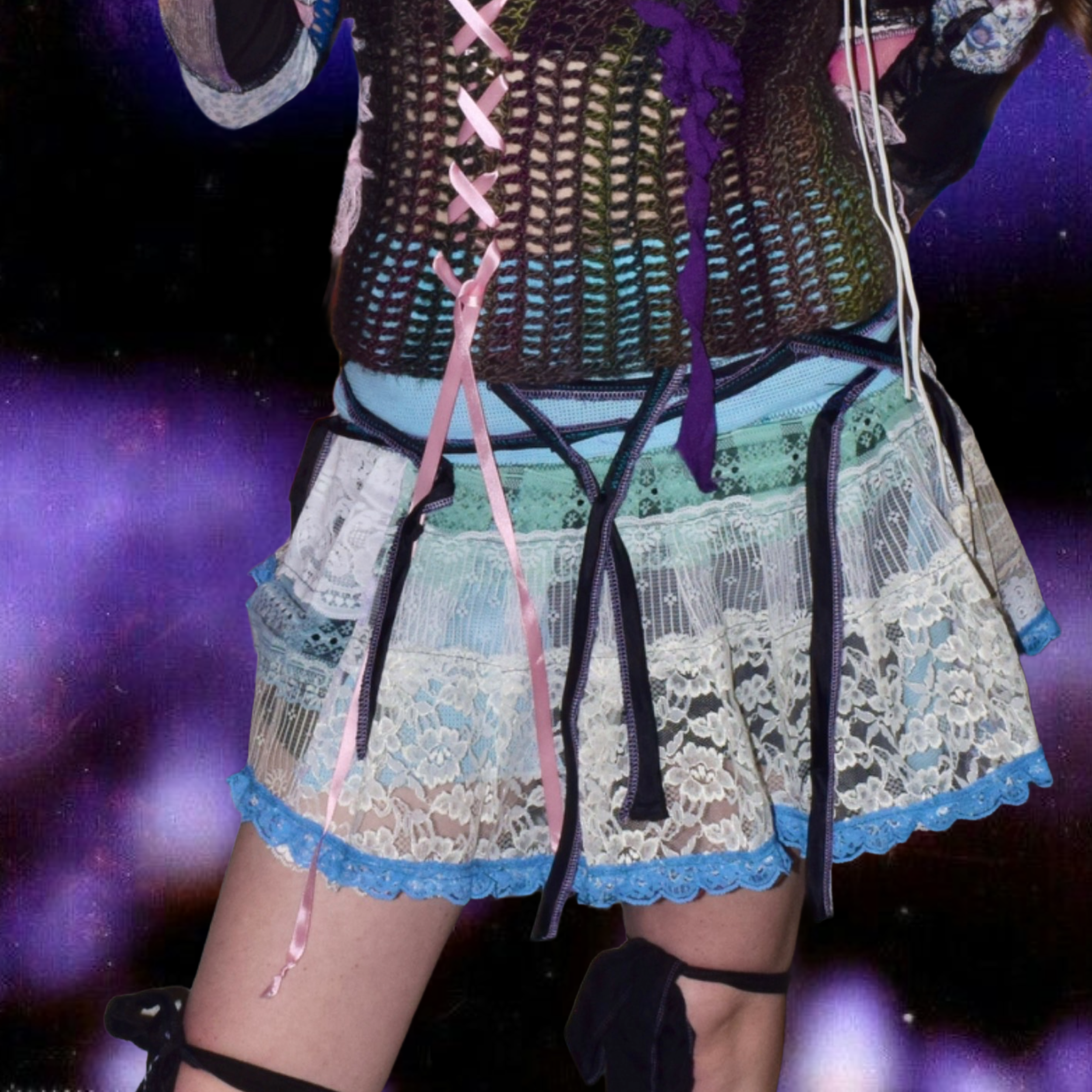 blue/white trash pixie upcycled lace skirt (sz medium)