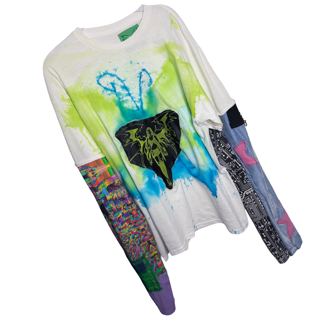 green tye dye chaos chasm patchwork long sleeve (sz 2xlarge)