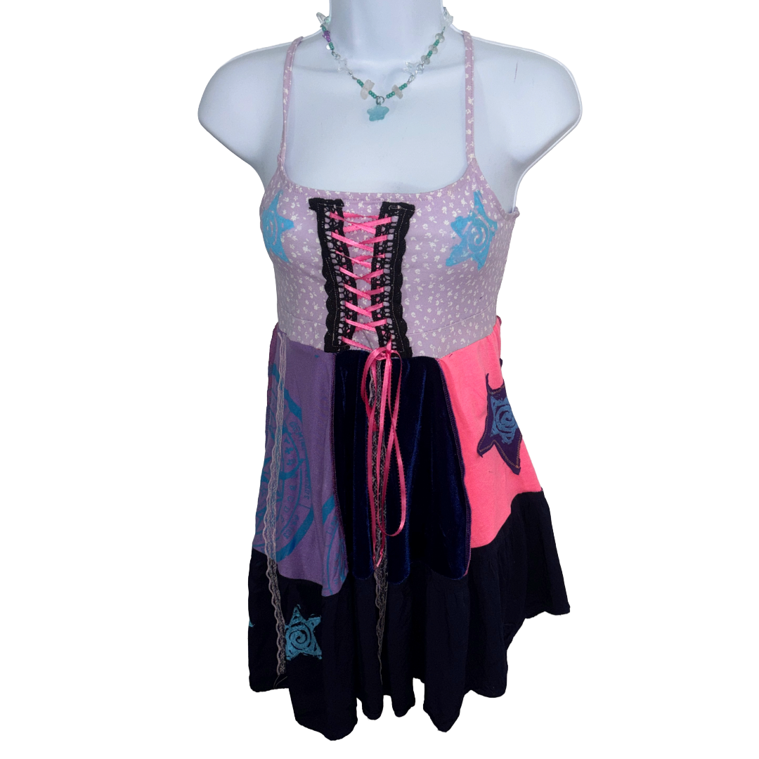 purple babydoll patchwork mini dress (sz medium)