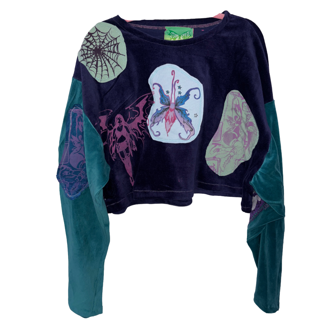 blue fairy patchwork crop sweatshirt (sz xlarge)