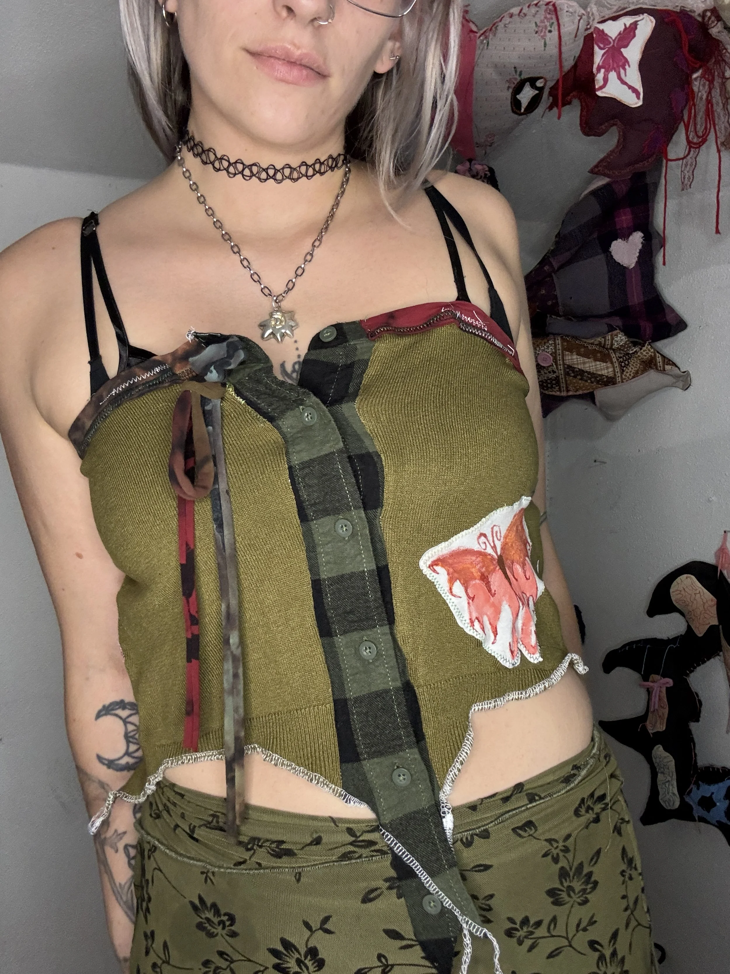 green/red fairy patchwork crop tank top (sz large/xlarge)