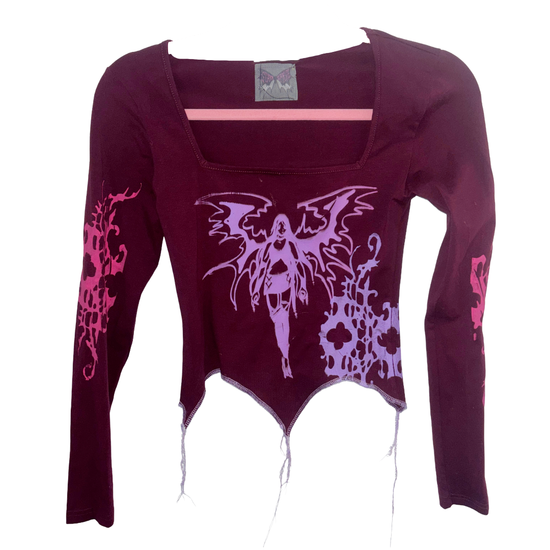 red fairy print long sleeve crop top (sz small)