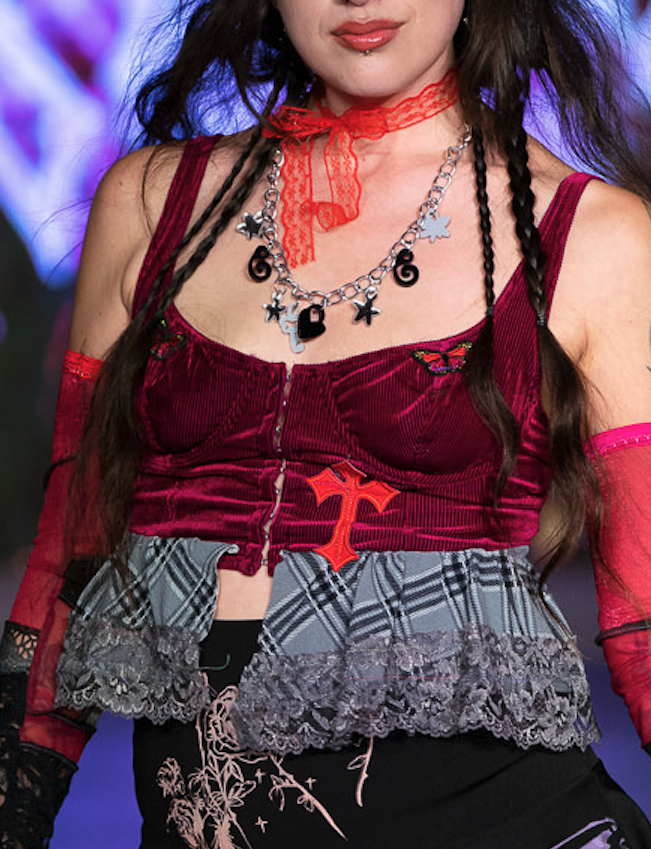 red/grey plaid patchwork lace corset (sz xsmall)