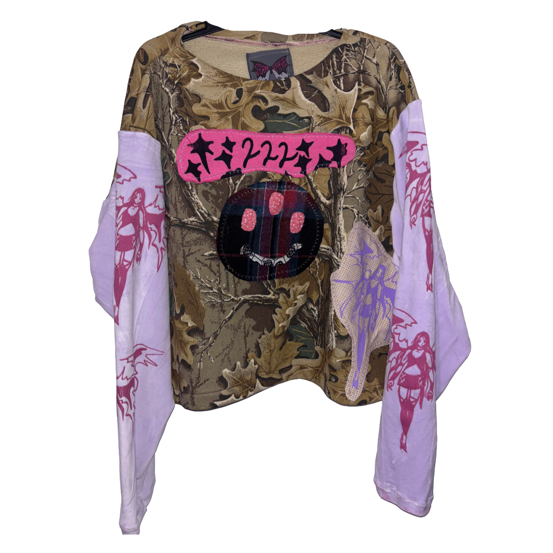 brown/purple acid smile patchwork crop sweatshirt (sz xlarge)
