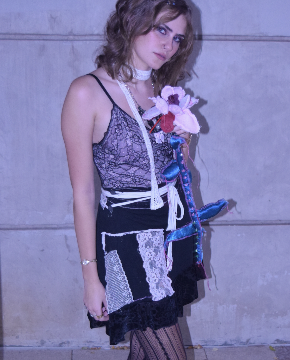 black/pink reconstructed flare dress (sz small)