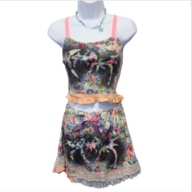vintage floral pink/black ruffle tank & skirt (sz large)