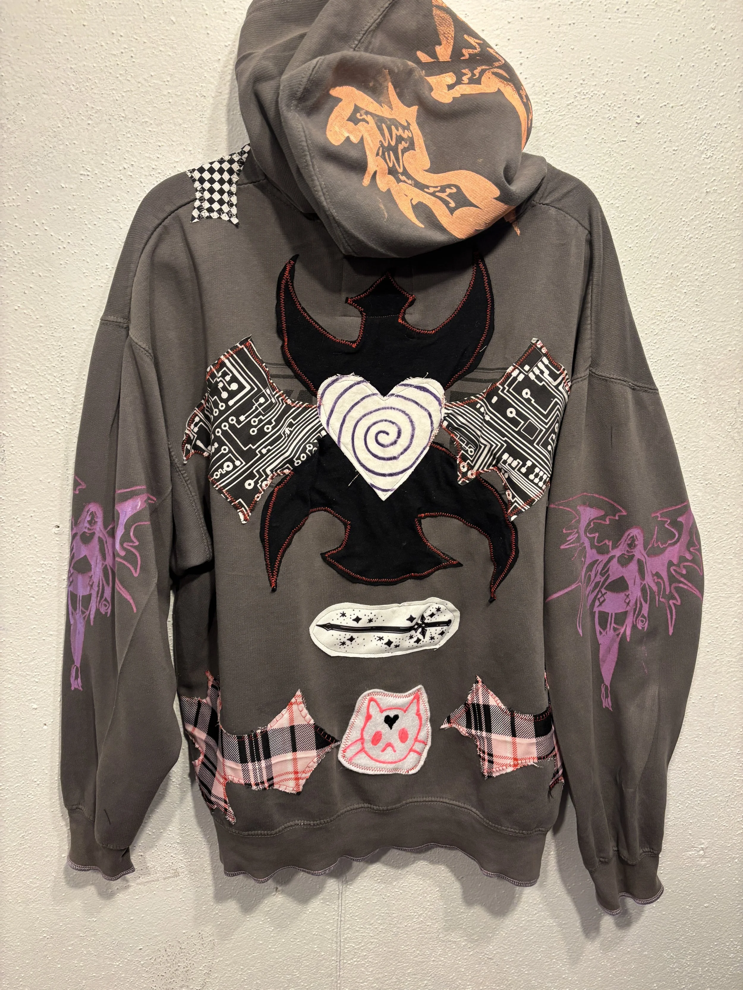 grey heart/wings chaos patchwork zip up hoodie (sz xlarge)