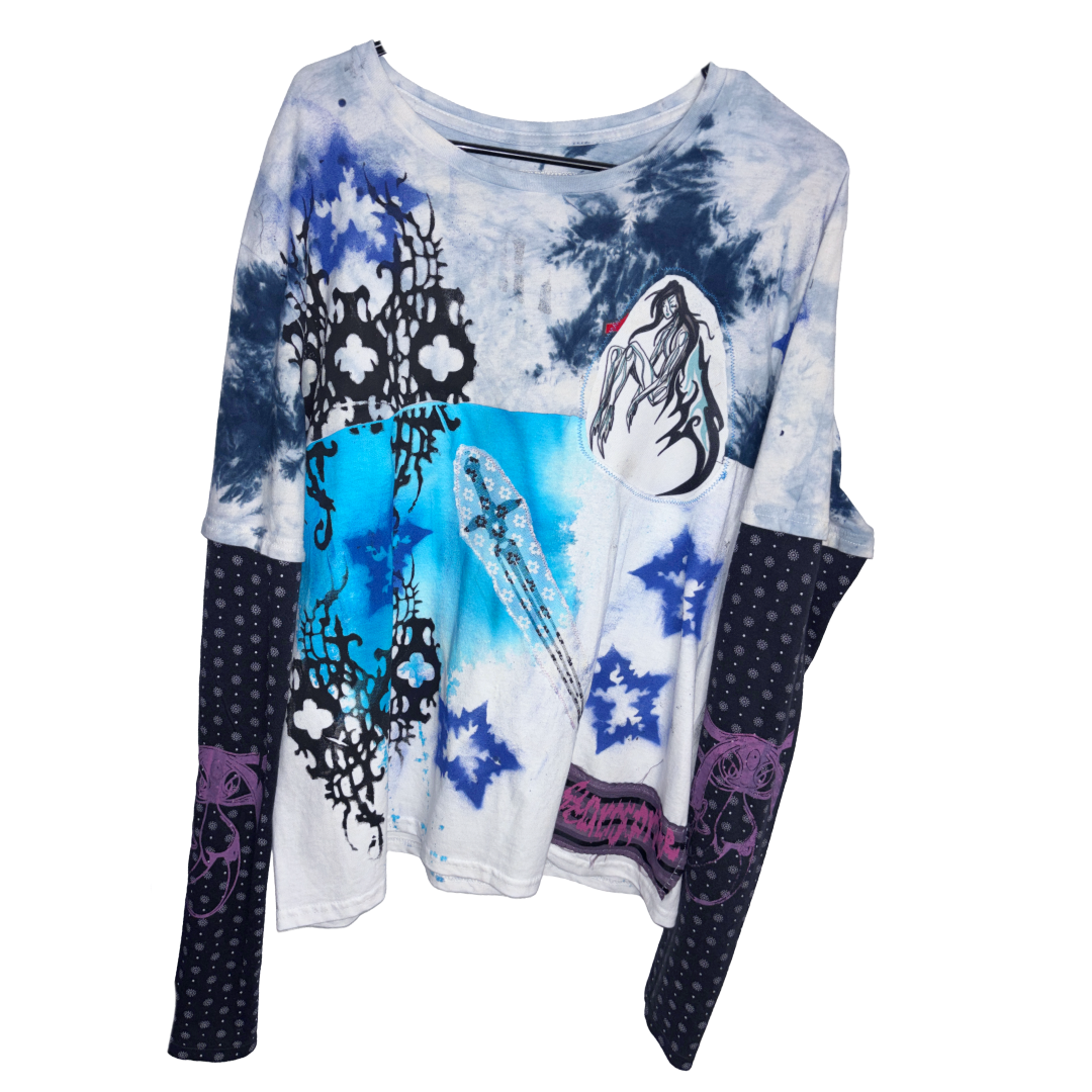 blue tye dye chaos chasm patchwork long sleeve (sz xlarge)