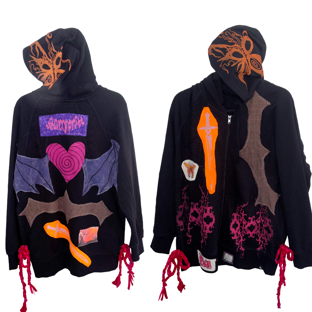 black/pink heart wings chaos patchwork zip up hoodie (sz xlarge)