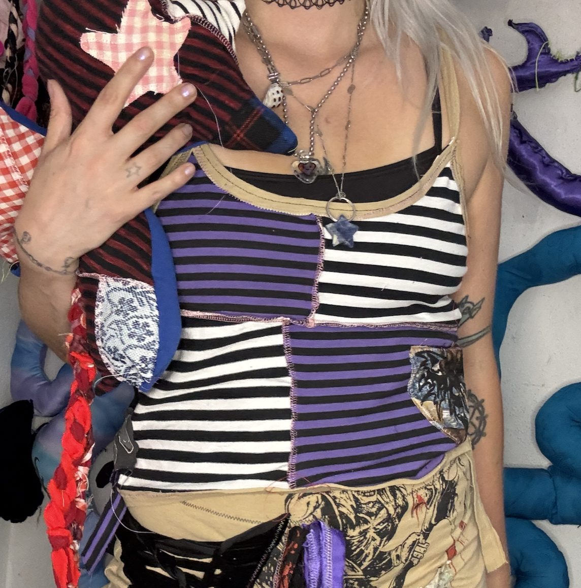 purple stripe fairy patchwork crop tank top (sz medium)