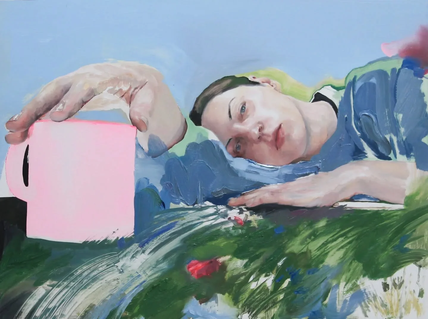 Painted myself, suspended between reality and fantasy. The state I occupy often. It feels safe and maybe lonely at times, but never bad. 

Elsewhere 
18x24 
oil on panel 

#pdxart #selfportrait #portrait #oilpainting