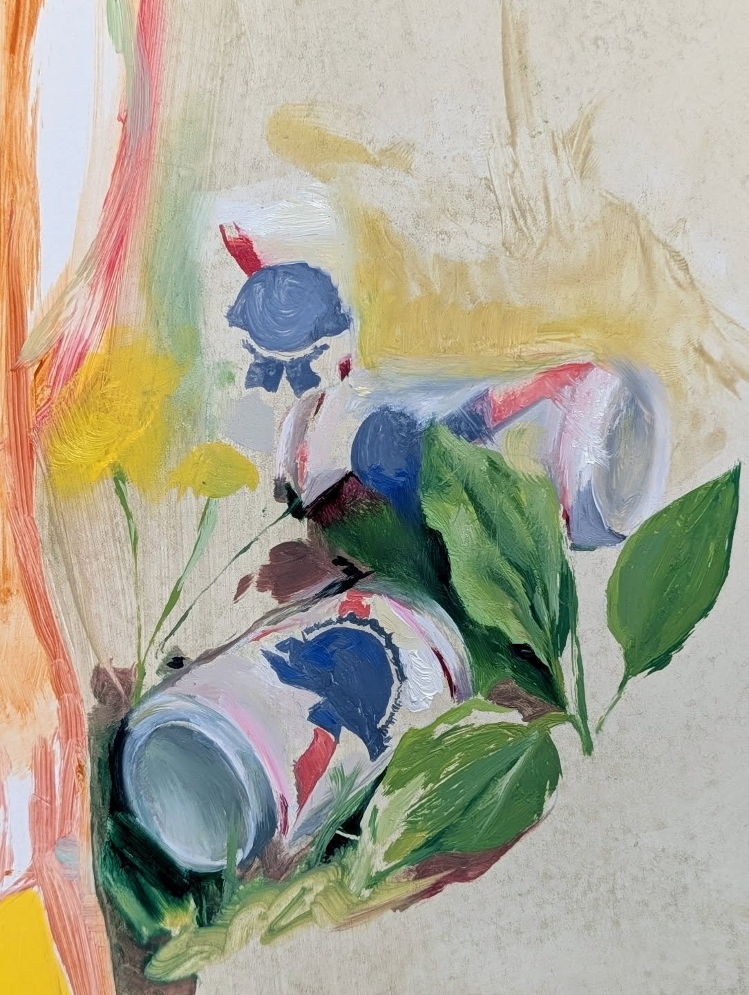 What's more American: Coke or PBR? 

This is just a corner of a larger painting I'm working on. It's going to be 16x12 and feature a person. I will also incorporate my latest fixation: bitten apples. 

Simultaneously, I'm working on two larger painti