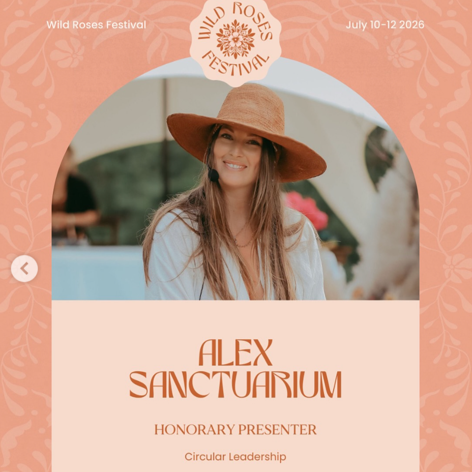 A woman wearing a large wide-brimmed straw hat, smiling, at the Wild Roses Festival, held from July 10-12, 2026. The festival has a theme of wild roses and features a presentation by Alex Sanctuarum on circular leadership.