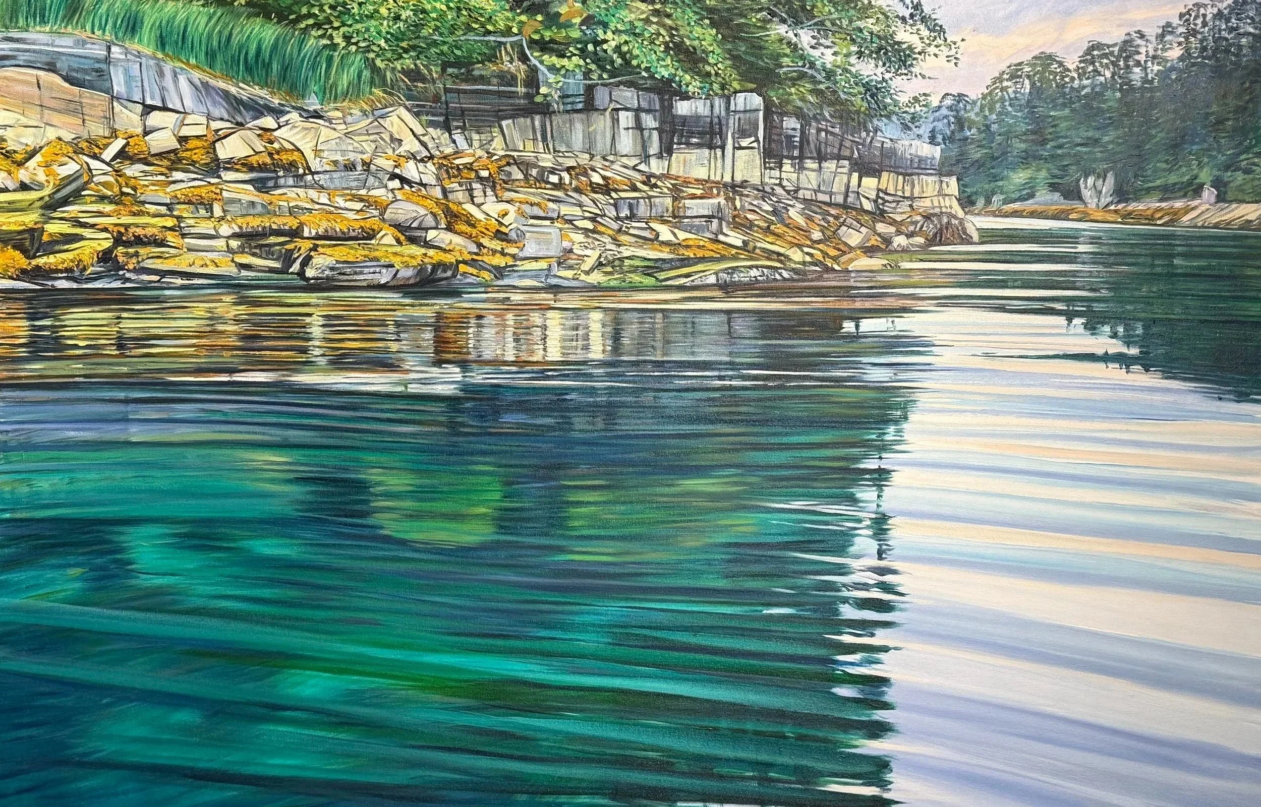 Painting of a river with a rocky shoreline on the left, trees in the background, and calm water reflecting the sky and landscape.