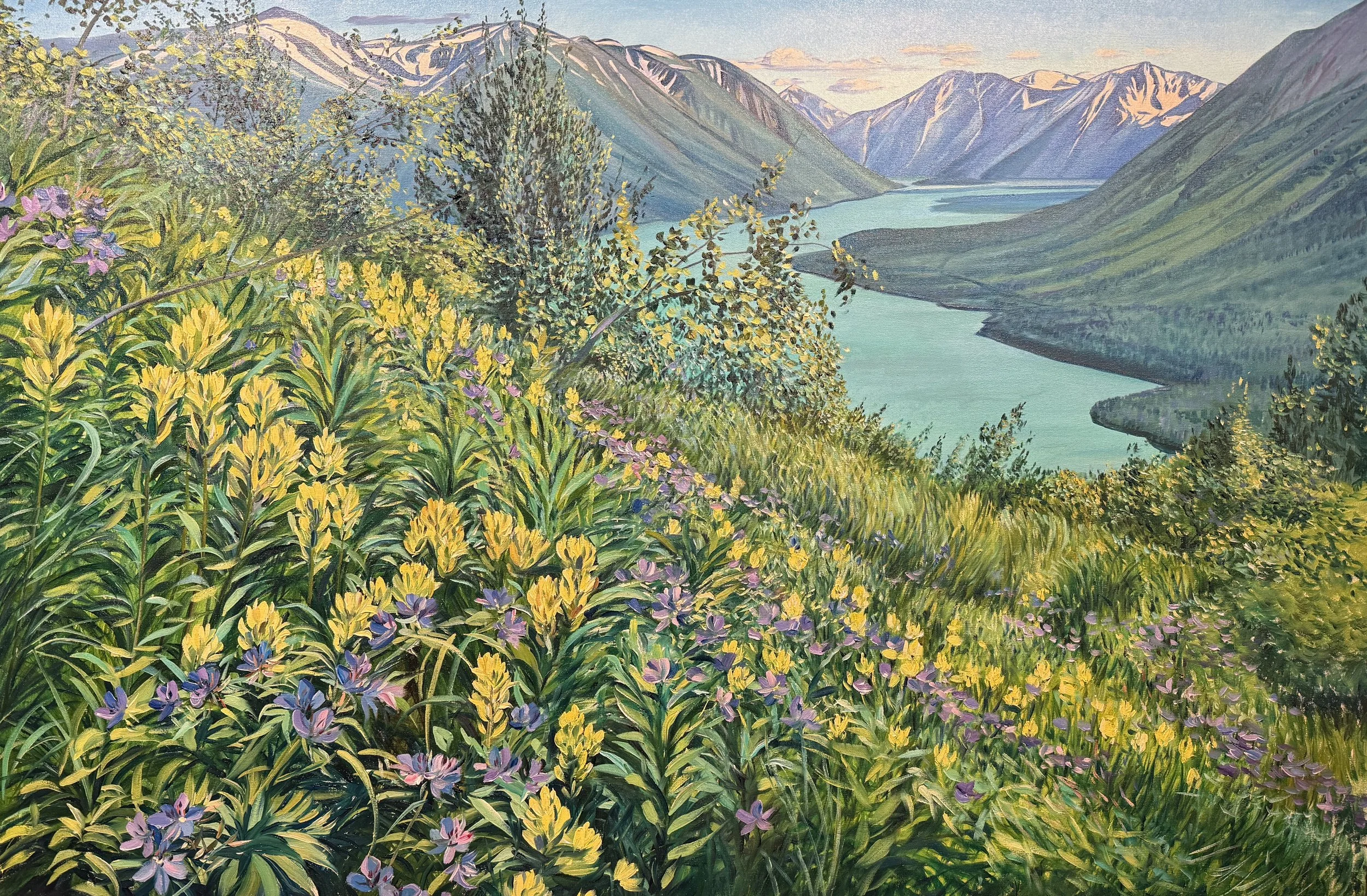 A landscape painting of a lush green valley with colorful wildflowers in yellow and purple, a winding river flowing through the valley, and tall mountains with snow-capped peaks in the background, under a blue sky with a few clouds.