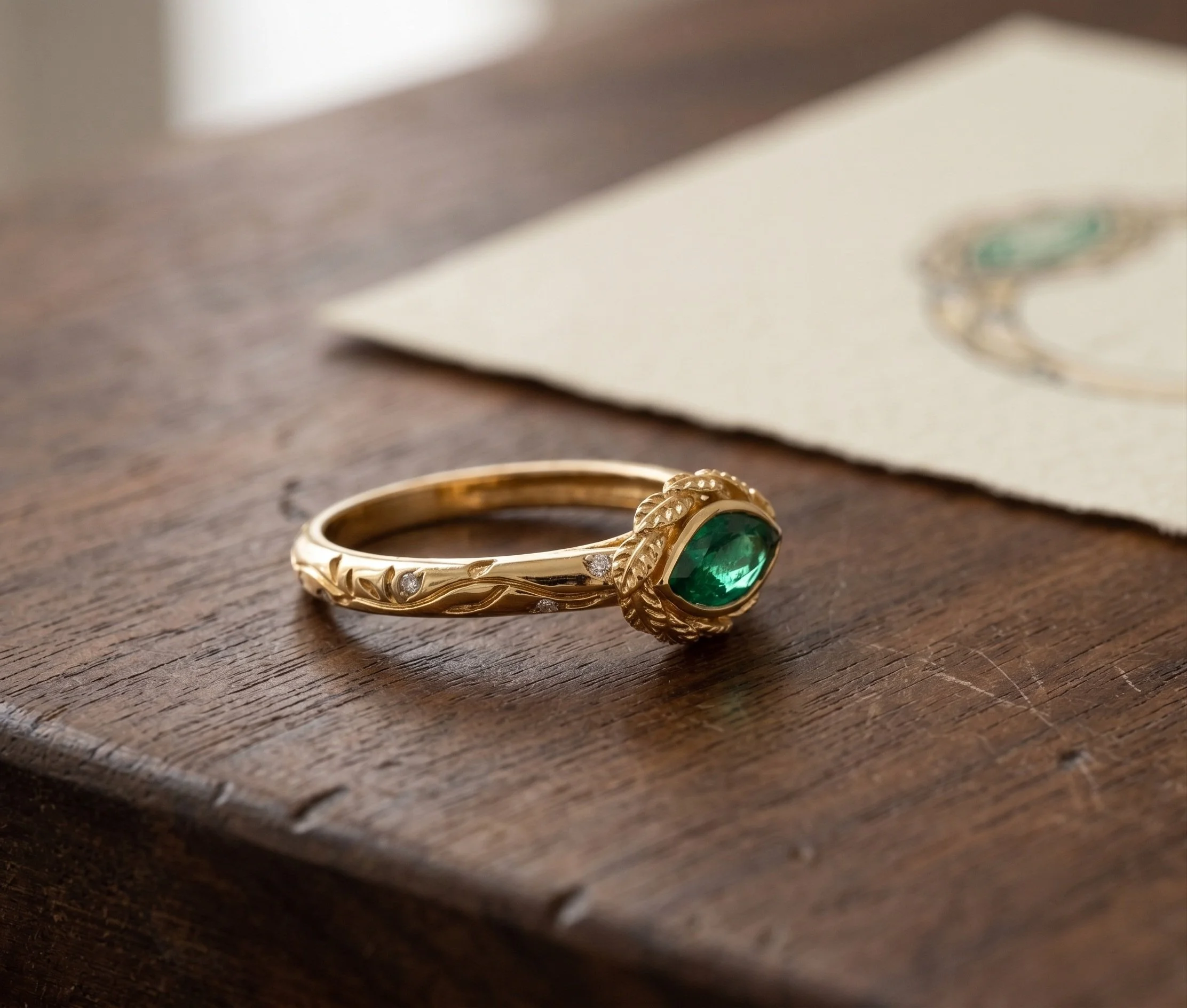 Sandrine, a custom Gerard Rene ring inspired by a client's connection to nature and her cat, photographed on a designer's workspace with the original sketch that guided the bespoke jewelry creation process.