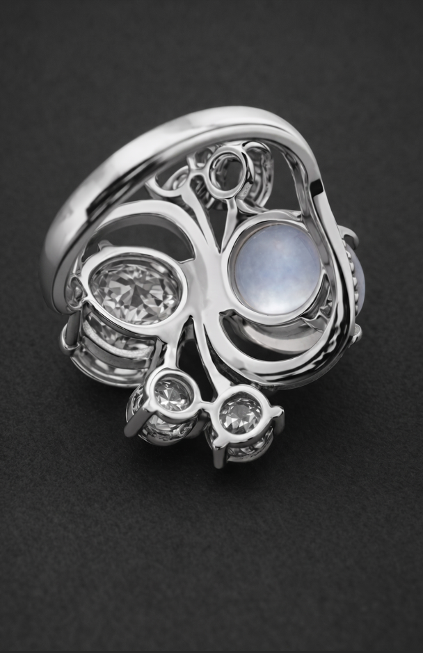 Underside view of Dreamwatcher one-of-one high jewelry ring by Gerard Rene showing its sculptural gallery and gemstone setting.
