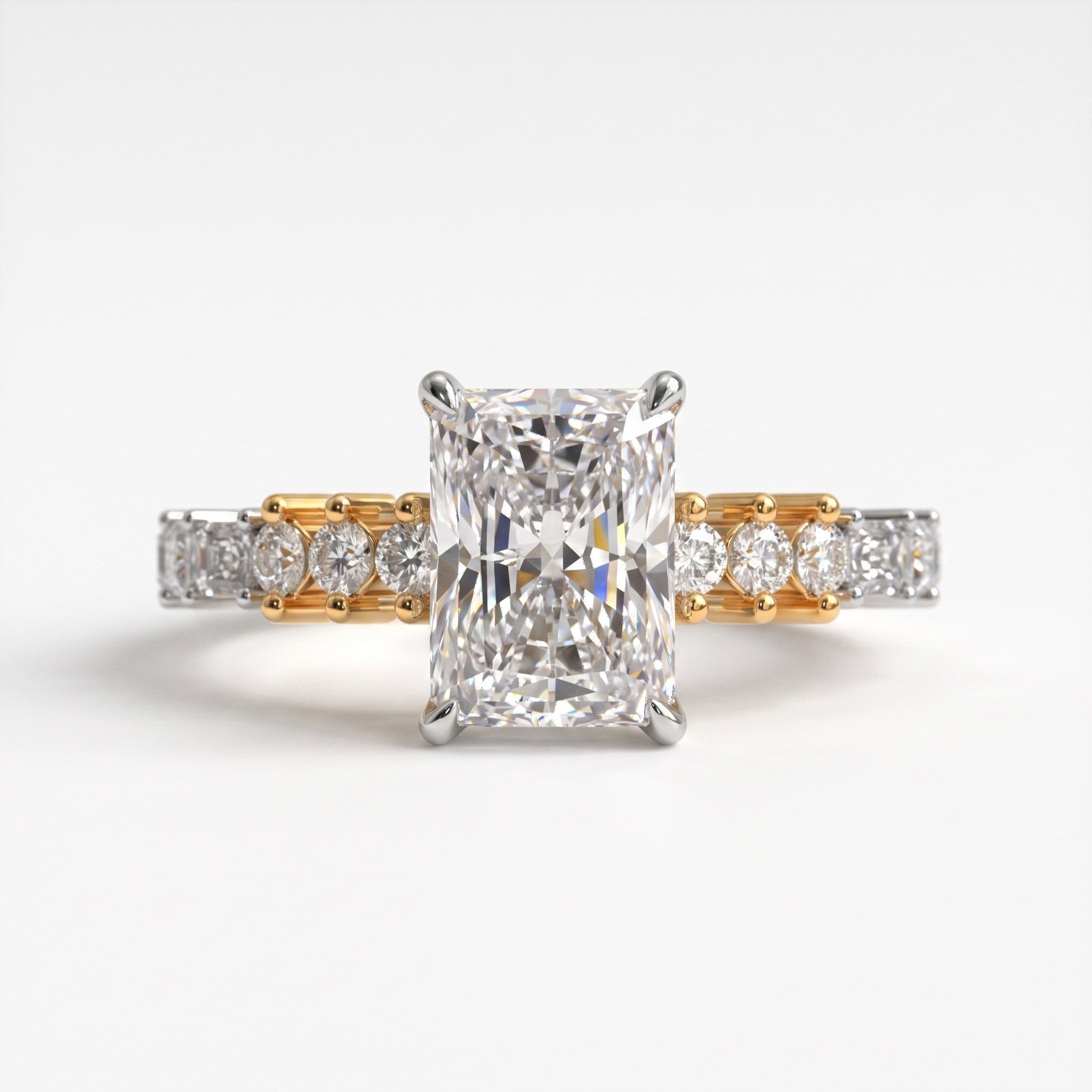 Close-up of a radiant cut diamond in a handcrafted Gerard Rene custom engagement ring, designed by a New York luxury jewelry designer.