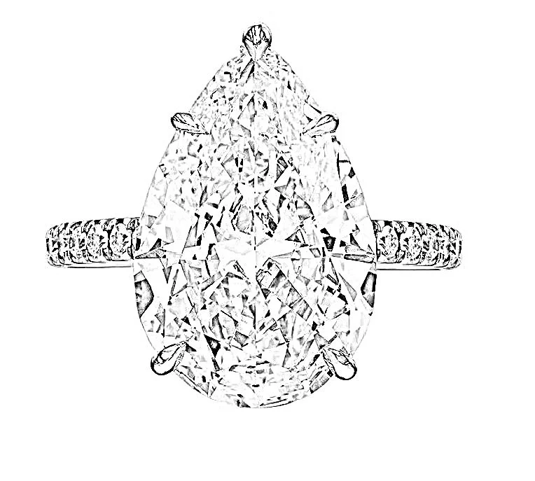 Gerard Rene design sketch for Karla’s custom 7-carat pear upgrade anniversary ring, showing the concept development and architectural details of a bespoke jewelry design commission in NYC..