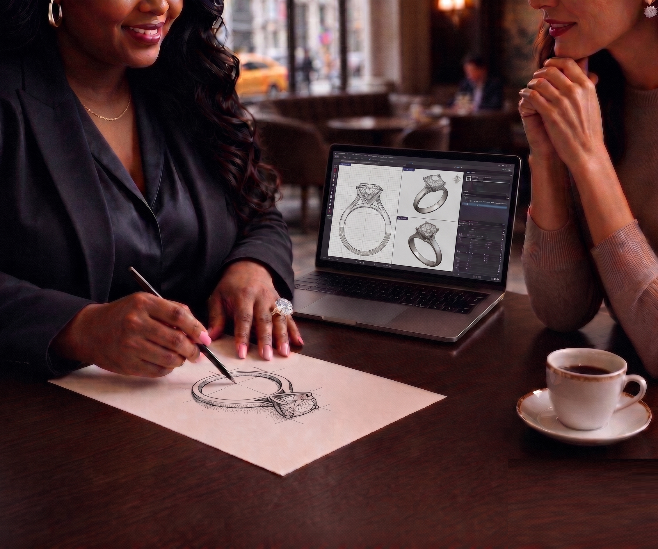 Custom jewelry design consultation at Gerard Rene with engagement ring sketches, bespoke jewelry concepts, and luxury heirloom design planning in New York City, United States.