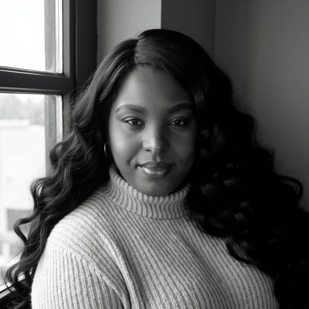 Portrait of a woman with long, wavy hair standing near a window, smiling slightly, wearing a high-neck sweater.