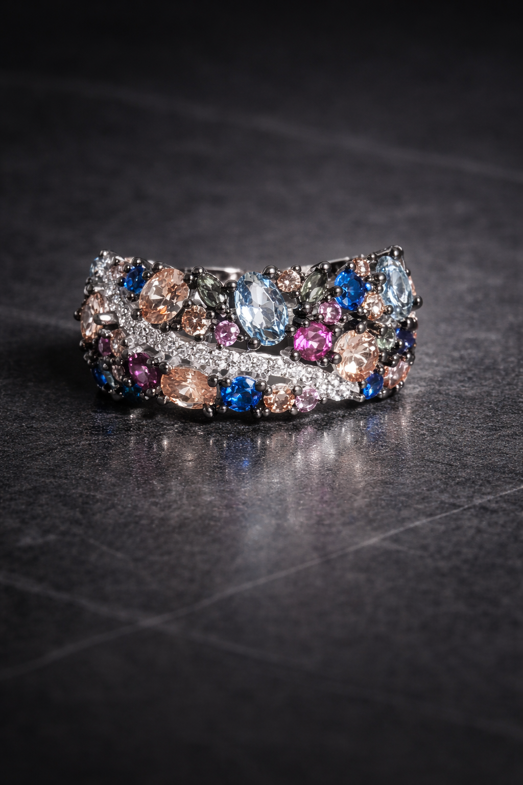 Gerard Rene Private Commissions: Architectural tonal sapphire and aquamarine signature ring in structural pavé.