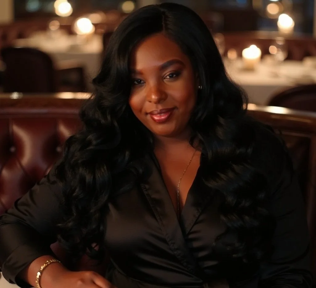 A woman with long, curly black hair smiling at a restaurant table with lit candles in the background.