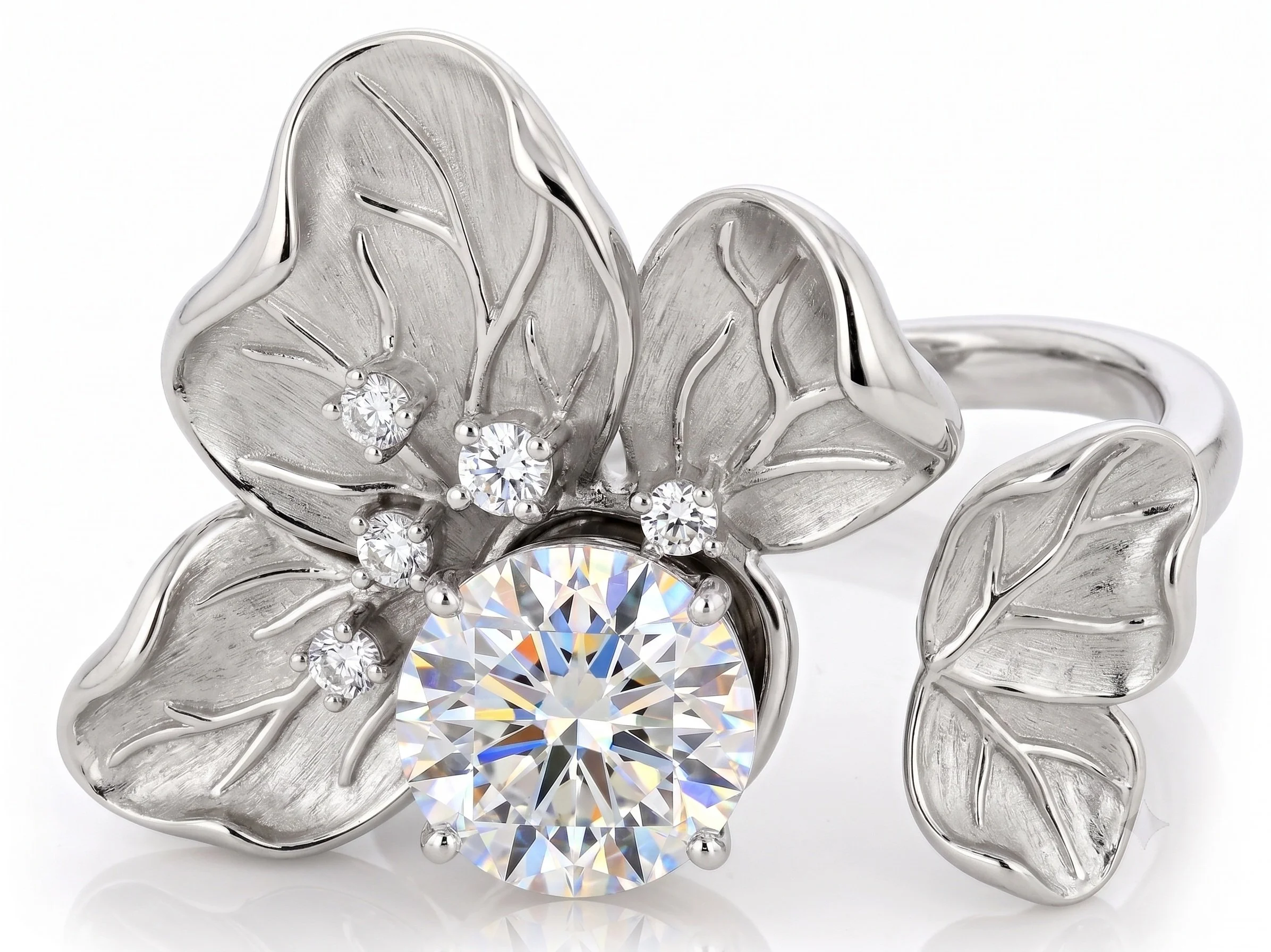 Handmade custom floral engagement ring by Gerard Rene, featuring leaf-inspired detailing and brilliant diamonds in luxury heirloom fine jewelry in New York City.