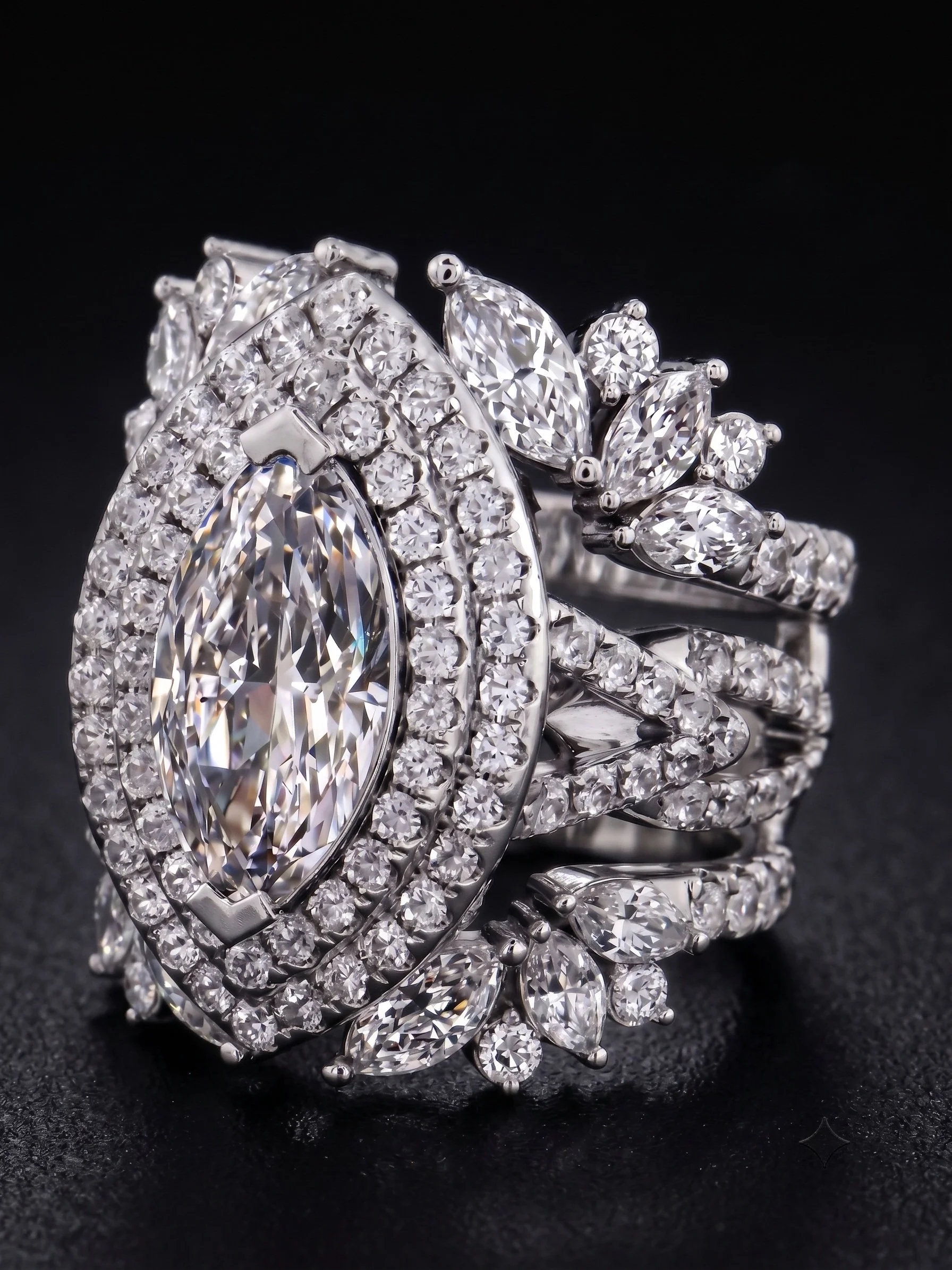 Alumna, a one-of-one diamond wedding set designed by Gerard Rene, featuring a custom engagement ring and matching bands created as a unique heirloom commission.