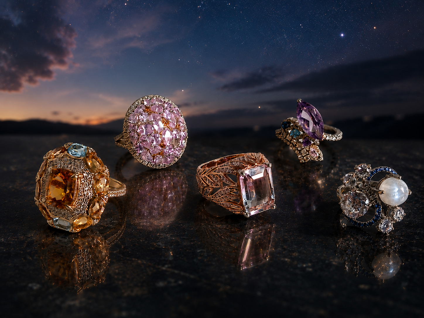 Image of 5 rings from the In Your Dreams Collection by Gerard Rene, a private NYC jewelry atelier.