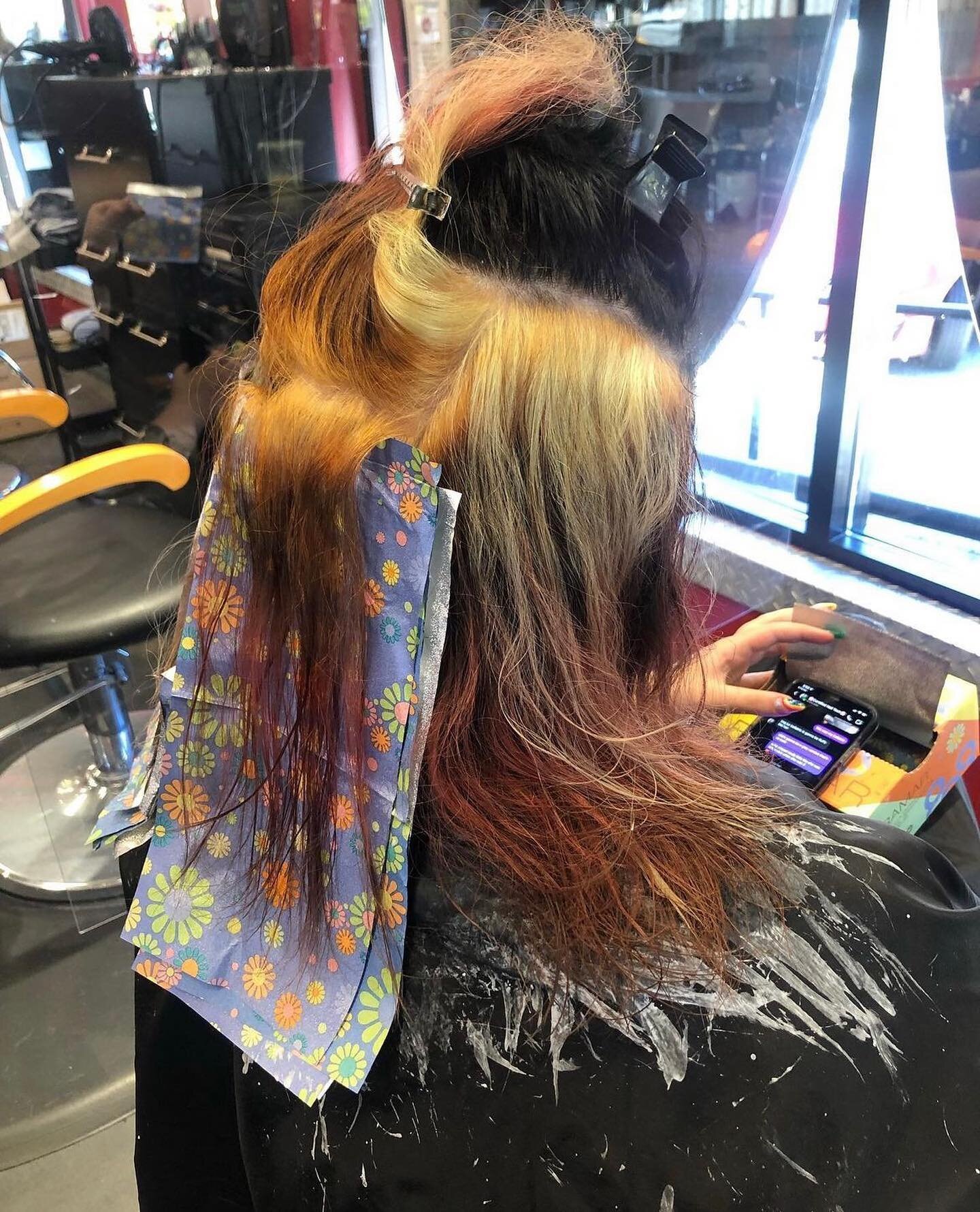 The reality behind removing layers and layers of black colour! Even using professional colours leads to uneven lifts and different colours. The total time it took to go from a 1N colour to the beautiful magenta was about 4 hours! 
Colour correction d