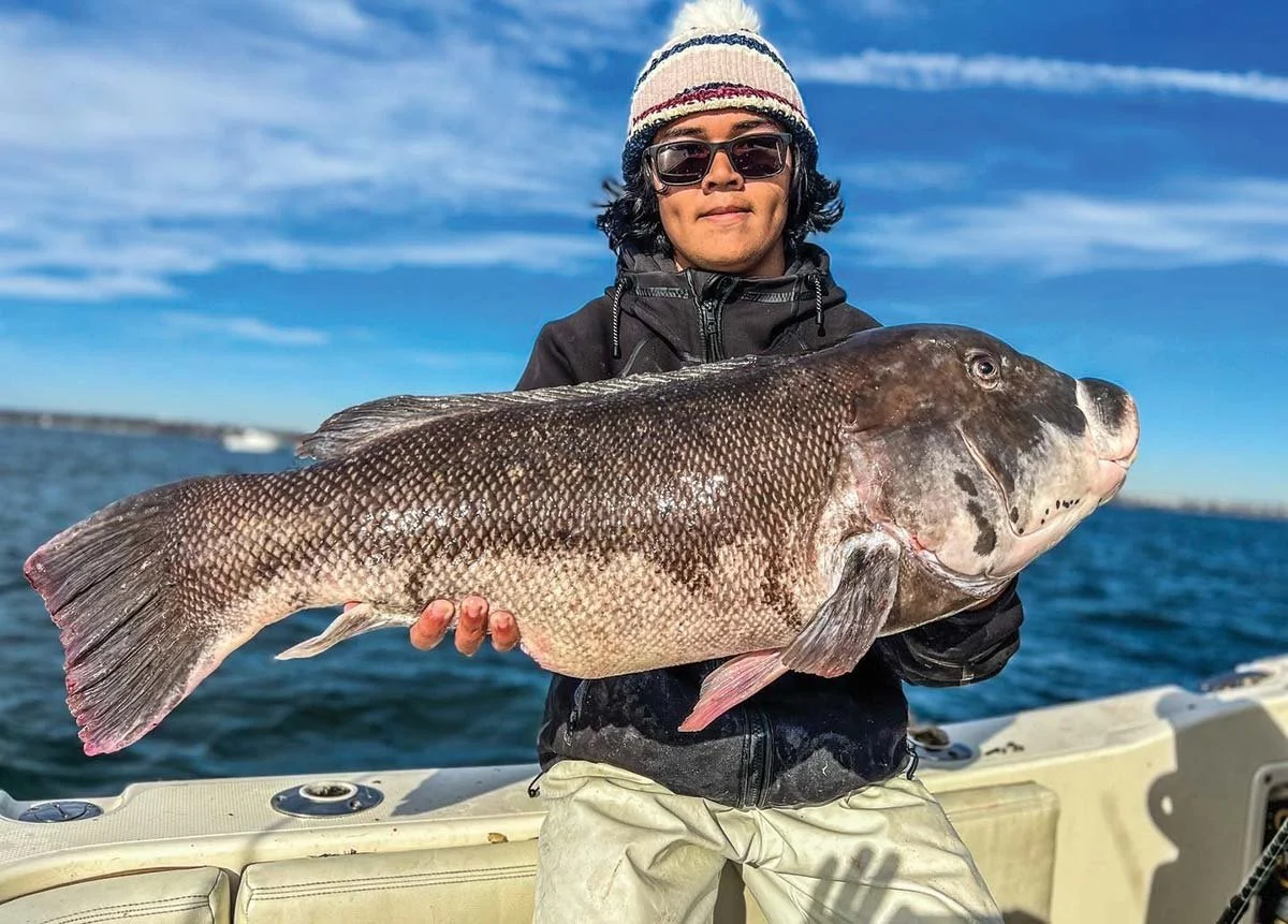 A person wearing a winter hat, sunglasses and a black jacket holds a large blackfish (Tautog) with both hands on a boat. The fish has a dark, mottled body with white patches and pinkish fins. The background features calm ocean waters and a clear sky.